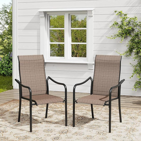 VICLLAX Patio Stackable Dining Chairs Set of 2, Outdoor Sling Chairs with Breathable Fabric and High Back for Balcony Porch Backyard, Brown