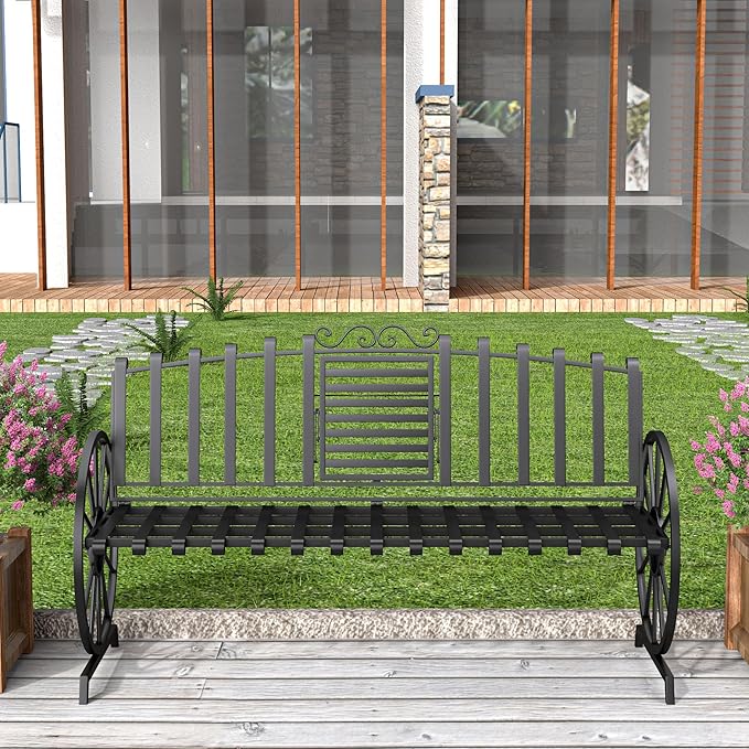 Outdoor Bench Patio Outdoor Garden Bench with Built-in Table, Wagon Wheel Arms, 3 People Outdoor Bench Garden Bench Front Porch Furniture (Black)