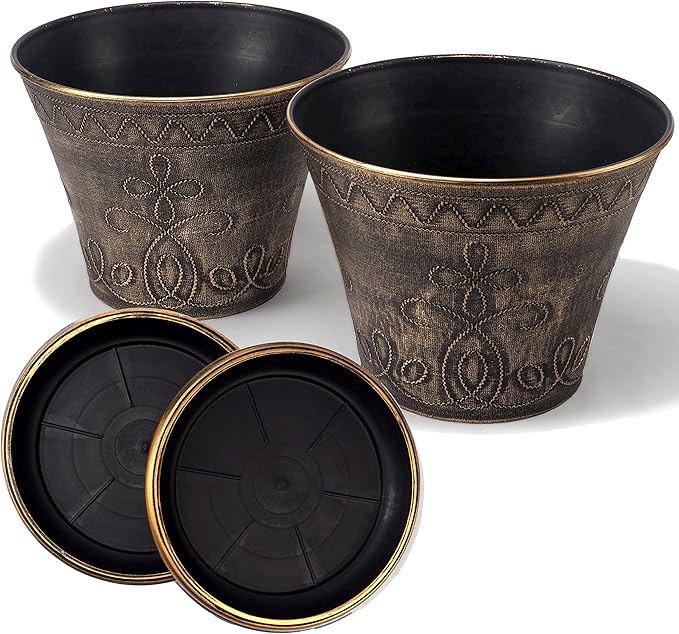 Large Fancy Decorative Planter (2 Pack) Rustic French Country Look Flowerpot Nursery Pot for Indoor, Outdoor, Garden, Patio, Office, Home Decor Use. Long Lasting, Reusable Light Weight (Gold-L)