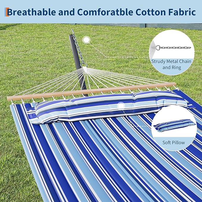 GarveeLife 57" 2 Person Outdoor Hammock, Widening Design Cotton Hammock with Metal Stand, Heavy Duty Construction, 450 LBS Weight Capacity, Blue