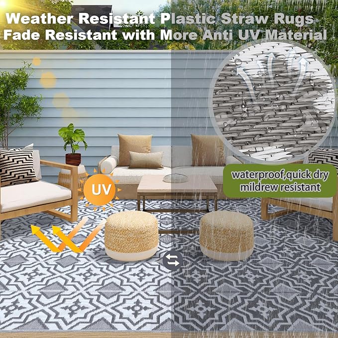 Outdoor Rug Waterproof 9x12 Camping Rug Outdoor Carpet for Patio,Outdside Rug,Plastic Straw Mat, Rv Camping Essentials,Outdoor Mat Decor Deals for Patio,Camping,Deck,Balcony,Porch