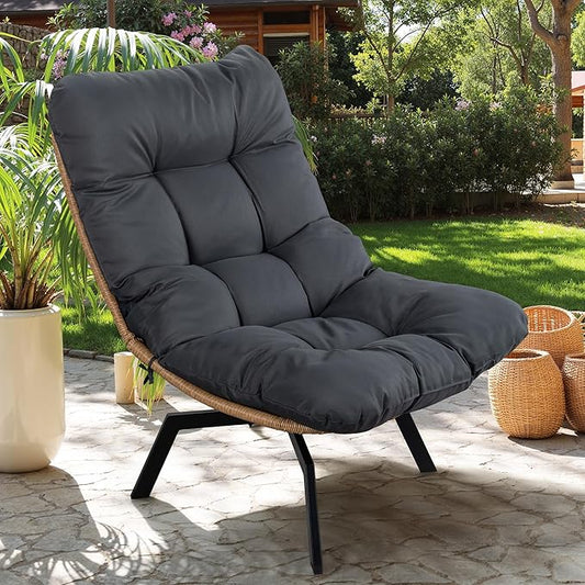 Vongrasig Swivel Wicker Chair PE Rattan Chair with Cushion, Oversized Patio Lounge Chair for Outdoor, Indoor, Balcony, Backyard, Garden, Living Room, Black