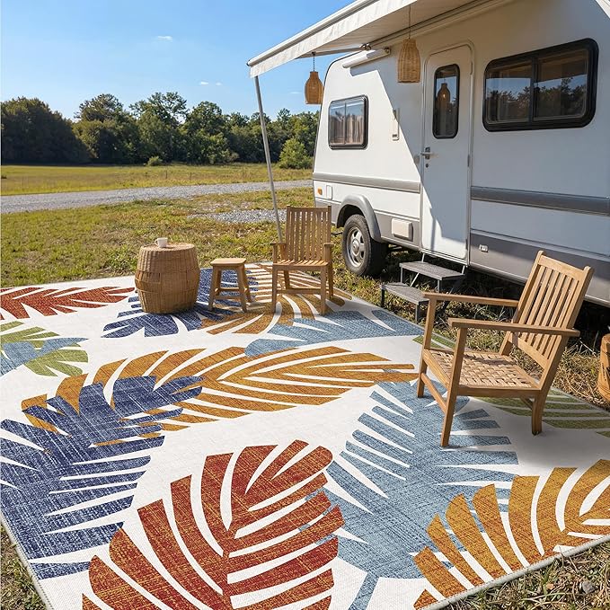GENIMO Outdoor & Indoor Area Rug 10'x14', Waterproof, Non-Shedding, Easy Cleaning, Leaf Mat for Patio, Living Room, Balcony, Dining Room, RV, Deck, Bedroom, Camping, Outside Carpet, Tropical Rust