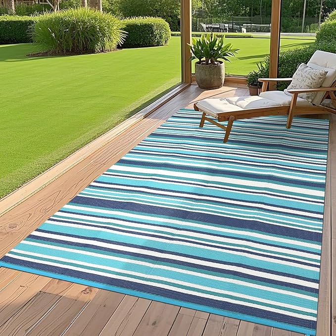 Waterproof Plastic Straw Outdoor Rug 9x18 Patio Reversible UV Resistant Foldable Camping Carpet Colorful Line Large Outdoor Rugs for Deck, Picnic, Porch, Camper, Balcony, Beach，Blue