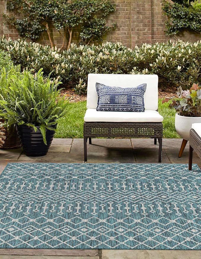 Unique Loom Outdoor Trellis Collection Area Rug - Tribal Trellis (10' Square Teal/Ivory)