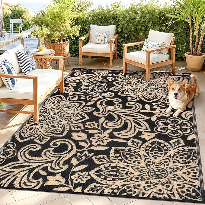 Findosom Waterproof Outdoor Rug 5' x 8' - Reversible Mandala Outdoor Plastic Straw Rug, Durable Foldable Patio Rug for RV, Deck, Balcony, Backyard, Picnic, Porch, Camping, Beach, Black