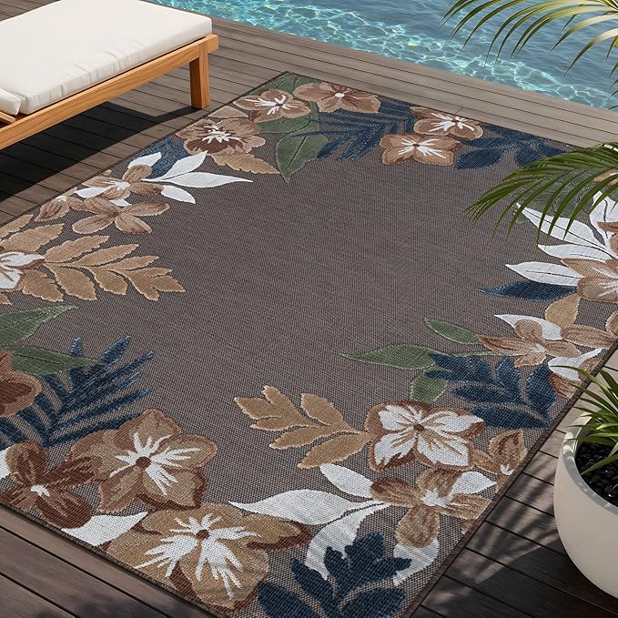Outdoor Rug 8x10 Washable Area Rugs Indoor Outdoor Carpets Brown Border Floral Non Shedding Waterproof Easy Clean Patio Deck Porch Living Room Bedroom Garden RV (8 X 10 Brown)