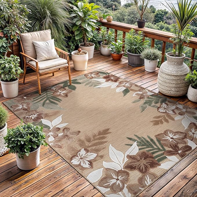 Outdoor Rug 8x10 Washable Area Rugs Indoor Outdoor Carpets Beige Border Floral Non Shedding Waterproof Easy Clean Patio Deck Porch Living Room Bedroom Garden RV (8 X 10 Beige)