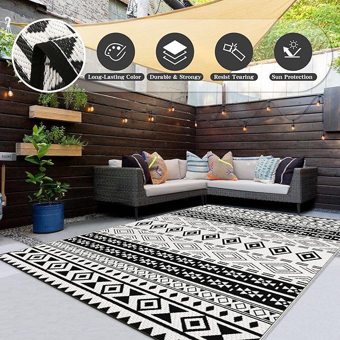 Wallona Outdoor Rugs 9x12 ft Patio Waterproof Clearance Indoor Outdoor Large Carpet for Patio Plastic Straw Reversible Area Rugs Mat for RV, Camping, Balcony, Beach, Picnic, Porch, Boho Black & White