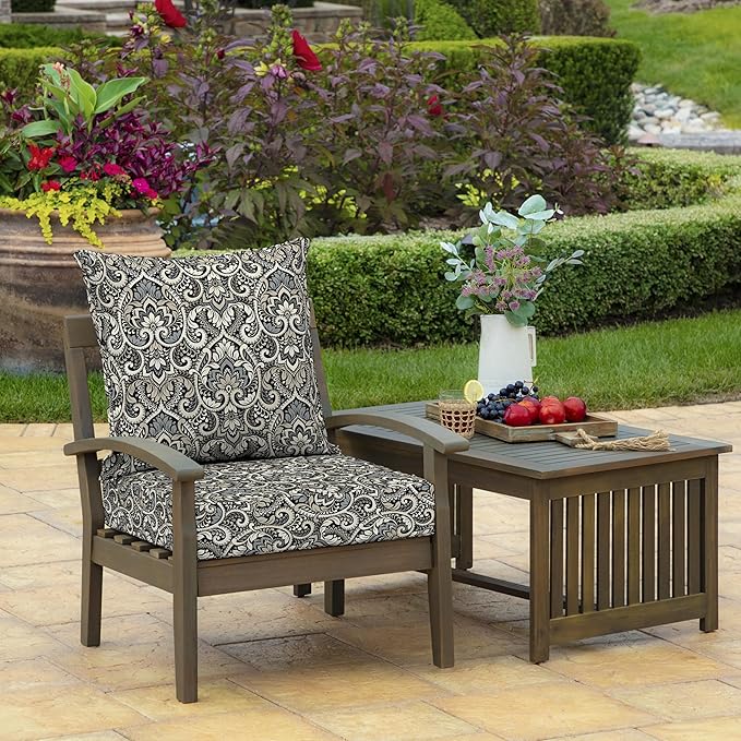 Arden Outdoor Foam Deep Seat Cushion Set, 22 in x 24 in, Weather-Proof, Rain-Proof, Fade Resistant Patio Cushion, Bottom and Back Cushion for Chair, Sofa, and Couch Black Aurora Damask
