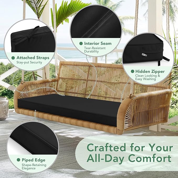 Outdoor Bench Cushion: Waterproof and Fade Resistant Patio Furniture Cushions - Non-Slip Bench Pad Cushion with Removable Cover for Garden Swing Porch Sofa Settee, 42 x 18 Inch, Black