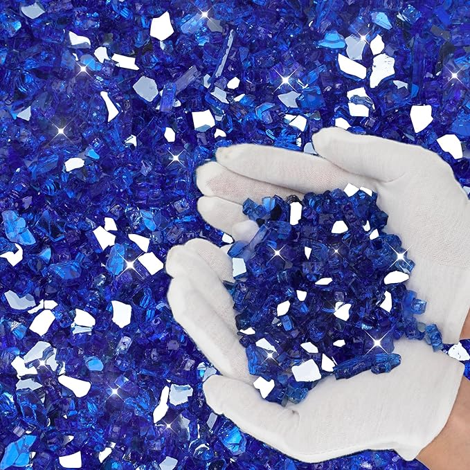 Skyflame High Luster 10-Pound Fire Glass for Fire Pit Fireplace Landscaping, 1/4-Inch Cobalt Blue Reflective