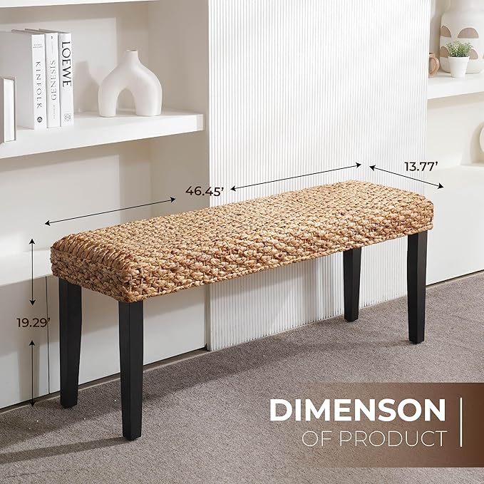Solid Wood Acacia Indoor Bench with Natural Woven Seat, Boho Bench Entryway, Wood Bench for Living Room, Dining Benches, Wooden Bench for Bedroom, Entryway (Black Leg, Water Hyacinth)