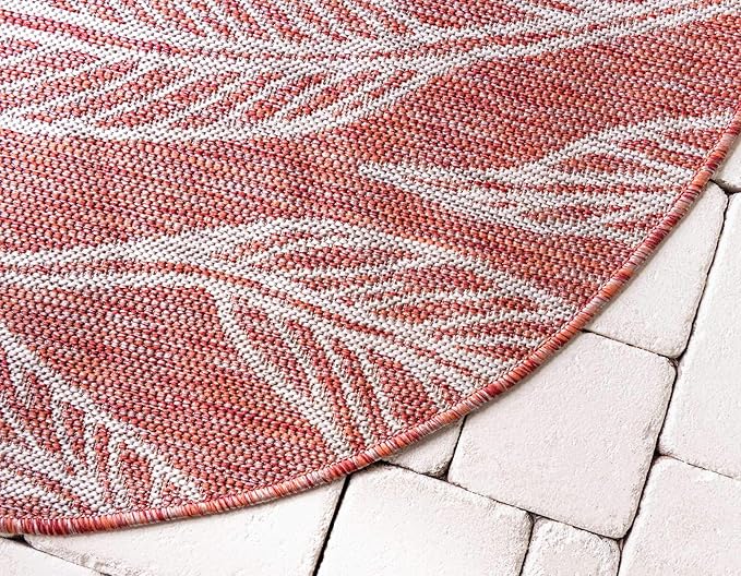 Unique Loom Outdoor Botanical Collection Area Rug - Leaf (4' 1" Round, Rust Red/ Gray)
