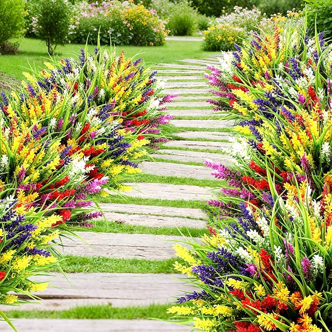 Geegoods Artificial Plants Flowers for Outdoor – 48 Bundles UV Resistant Faux Lavender Flowers with Monkey Grass for Garden Porch Window Patio Hanging Planter Decor
