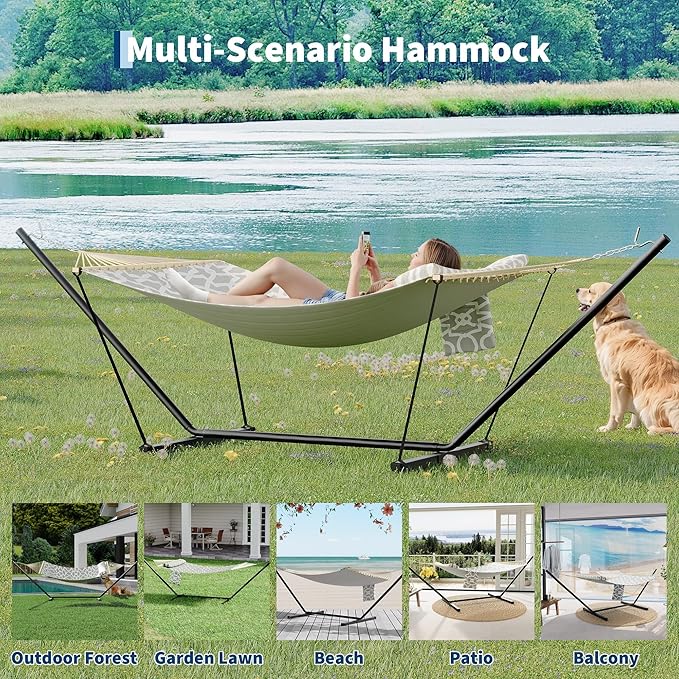 GarveeLife Outdoor Double Hammock with Heavy Duty Adjustable Steel Stand, Portable 2 Person Hammock for Patio Garden Beach Backyard