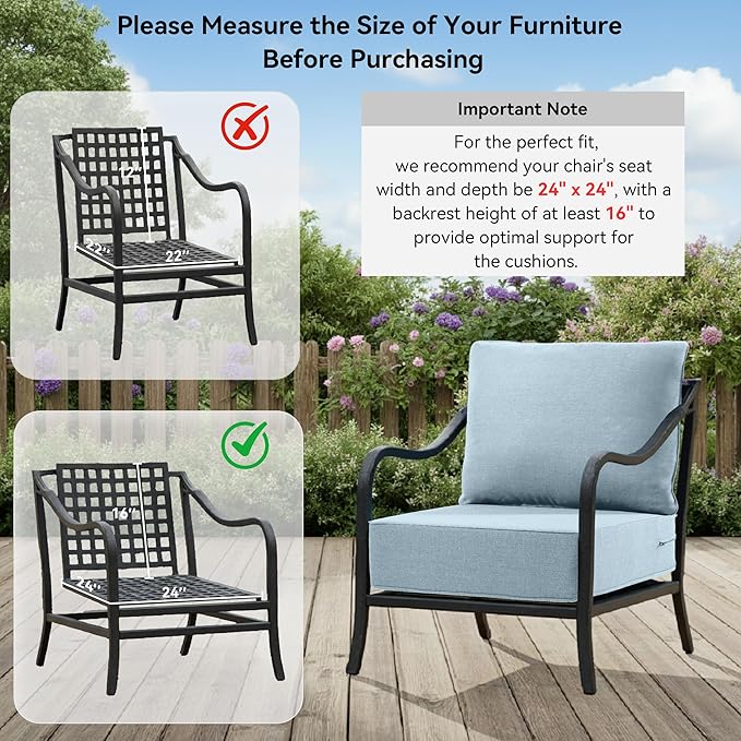 6" Thick Outdoor Cushions 24x24x6, 1-Set Deep Seat Patio Cushions with Removable Cover, Waterproof & Fade Resistant Replacement for Wicker Chair, Loveseat, Sofa - Baby Blue