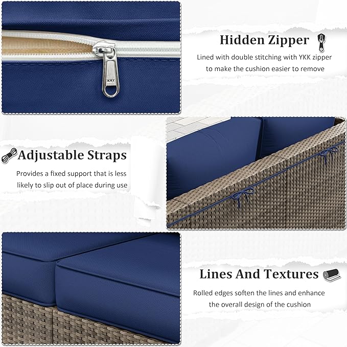 Outdoor Furniture Replacement Cushions, 5" Foam Foam High-Density, Fits 6-seat Sectional Rattan Conversation Set, 14 Piece Patio Water-Resistant Replacement Sofa Cushions, Liner&Cover