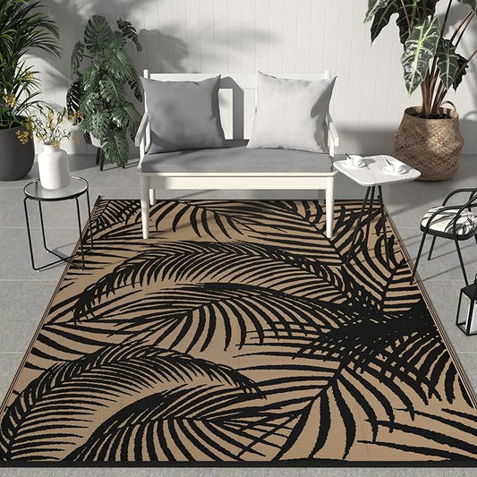 GENIMO Outdoor Rug 9' x 12' Waterproof for Patio Clearance, Reversible Plastic Straw Camping Carpet, Lightweight Mats for Rv, Backyard, Deck, Porch, Picnic, Beach, Balcony, Black & Brown