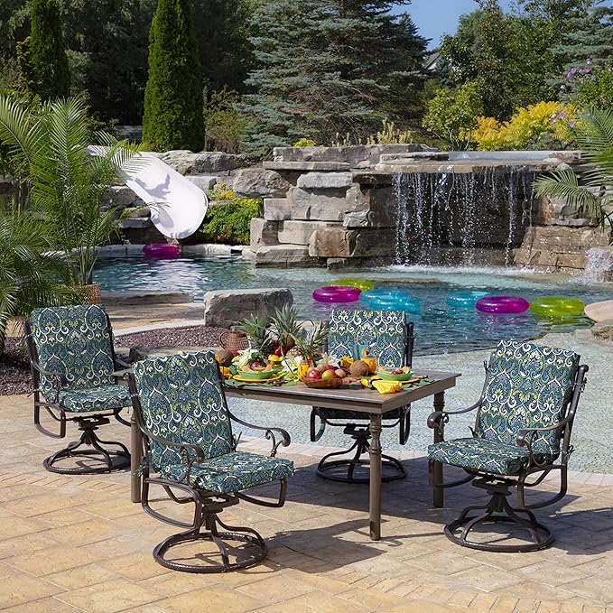Arden Outdoor Patio Dining Chair Cushion, 20x44, Rain-Proof Seat Pad, Fade-Resistant Outdoor Cushion Sapphire Aurora Blue Damask