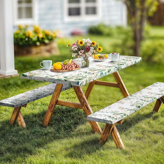 Picnic Table Cover with Bench Covers and Bag, Outdoor Waterproof Windproof Tablecloth with Elastic Edges, Camping Accessories RV Gear Campers 96x30 Inches 3 Pcs Set, Sage Green Eucalyptus Leaves