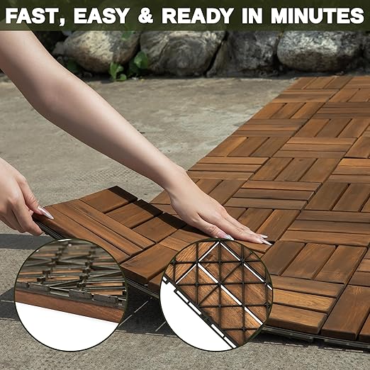 Acacia Wood Flooring Interlocking Deck Tiles for Patio Decor 27 Pcs 12 Slats VR Dark Yellow - Waterproof Indoor & Outdoor Decor - Balcony Garden Decking Tile (12.2 * 12.2 * 0.7 inches)