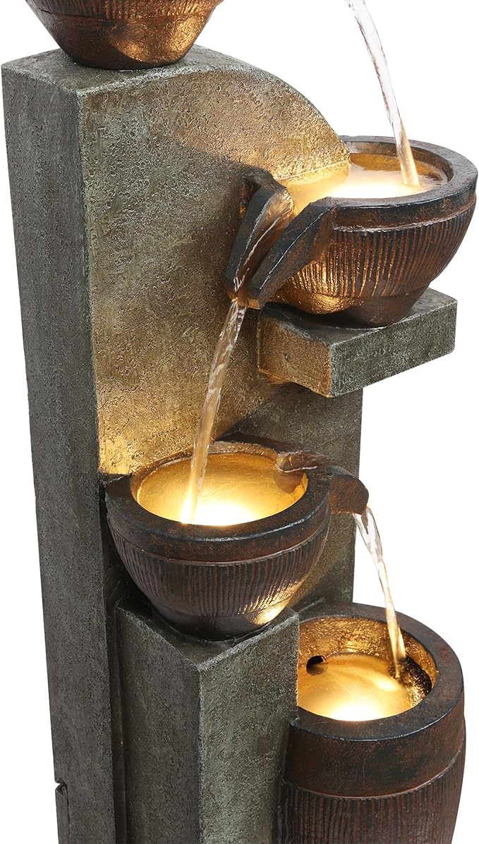 Alpine Corporation 40” Tall Indoor/Outdoor 4-Tier Fountain with LED Lights, Cascading Pot and Bowl Water Feature, Elegant Waterfall for Garden, Patio & Home, Brown