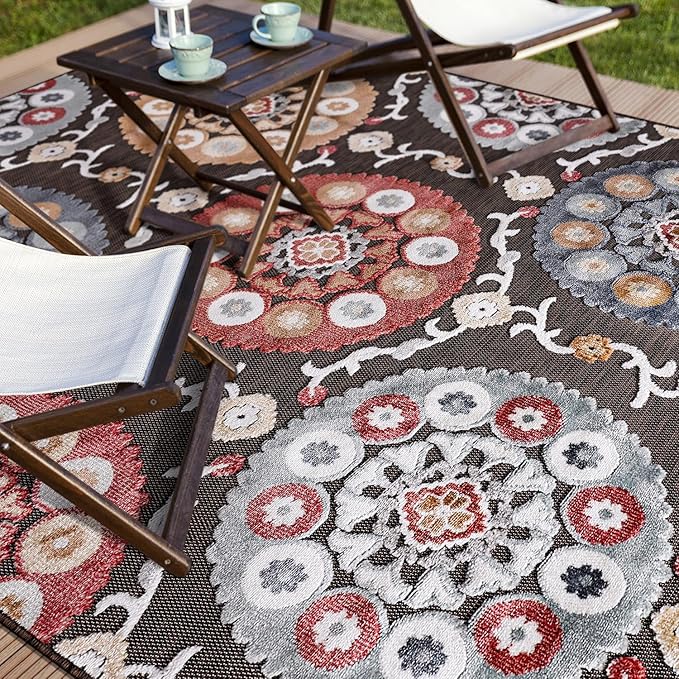 CAMILSON Indoor Outdoor Rug 8x10 Bohemian Medallion Floral Area Rugs for Indoor and Outdoor Patios Easy-Cleaning Non-Shedding Living Room Garden and Kitchen Washable Outside Carpet (8 x 10 / Brown)