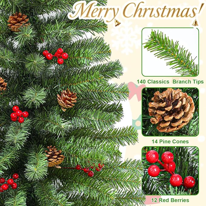 2 Pack 4 Ft Artificial Christmas Entrance Tree in Fake Wooden Box Base with 60 LEDs Warm White Light Timer Waterproof Battery Box Operated 140 Branches 14 Pinecone 12 Berries Xmas Decor for Door Porch