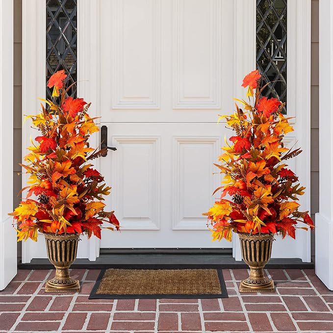 Glitzhome 2 Pcs Fall Maple Trees with Lights & Timer, 36''H Lighted Artificial Urn Potted Porch Tree with 20 Warm White LEDs, Decorative Fall Front Door Trees for Outdoor Indoor Porch Entryway