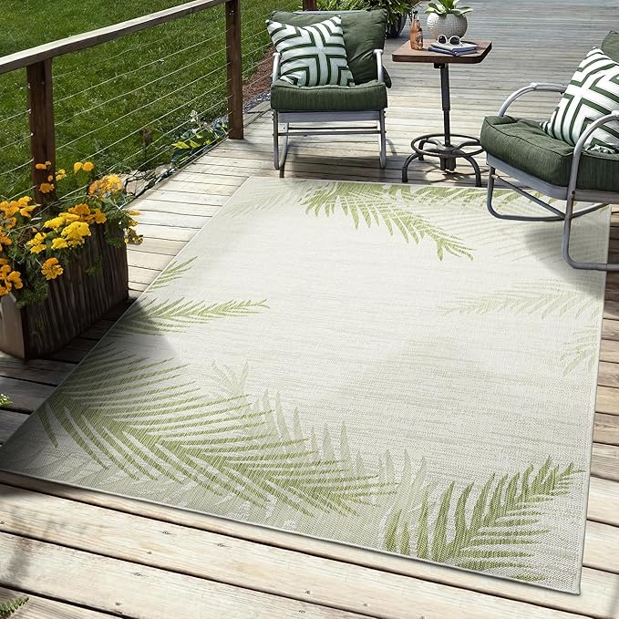 LR Home 8x10 Indoor/Outdoor Area Rug for Home Decor | Coastal Palm Leaf Large Size Carpet for Living Room, Bedroom, Playroom, Patio, Garden | Modern Farmhouse Rug | Green/Beige