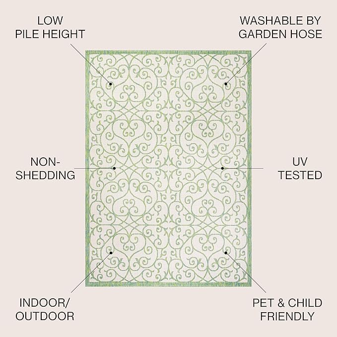 JONATHAN Y Vintage Filigree Indoor Outdoor Area Rug 3X5 Cream/Green, Madrid Textured Weave for Backyard, Patio, Porch, Easy-Cleaning, High Traffic, Pet-Friendly, Non-Shedding (SMB107J-3)