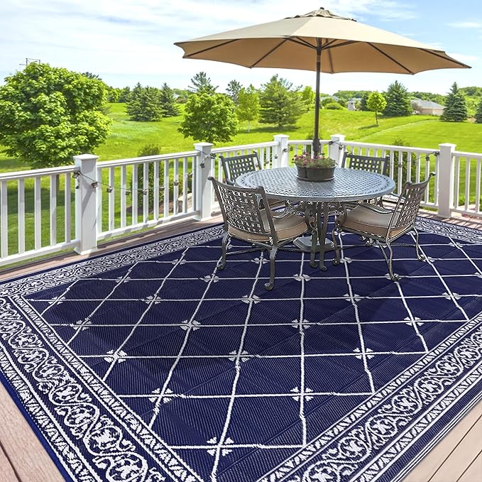 HiiARug Outdoor Rug 8'x10' for Patios Waterproof Patio Rugs Outdoor Mats for Front Porch,Beach Mat,Reversible Plastic Straw Camping Rugs for Outside RV,Deck,Balcony,Backyard Navy Blue