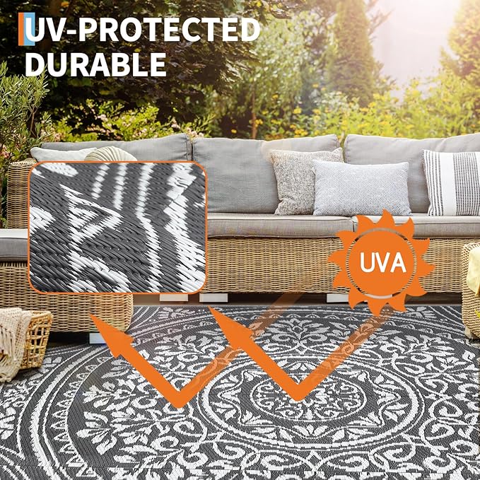 Waterproof Plastic Straw Outdoor Rug 9x18 Patio Reversible UV Resistant Foldable Camping Carpet Boho Floral Large Outdoor Rugs for Deck, Picnic, Porch, Camper, Balcony, Beach，Grey/White
