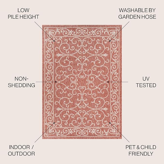 JONATHAN Y Vintage Filigree Indoor Outdoor Round Area Rug 8 Ft Red/Beige, Charleston Textured Weave for Backyard, Patio, Porch, Easy-Cleaning, High Traffic, Pet-Friendly, Non-Shedding (SMB106B-8R)