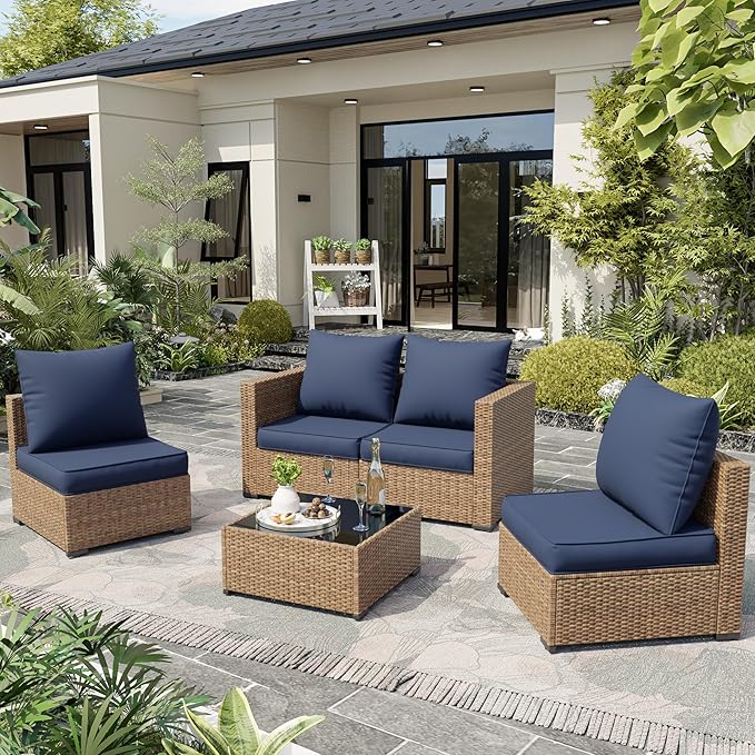Amopatio Outdoor Chair Cushions 22.5"× 20.3" × 4", Set of 4 with Removable Cover, Waterproof & Fade Resistant seat Cushions for Patio Furniture, Navy