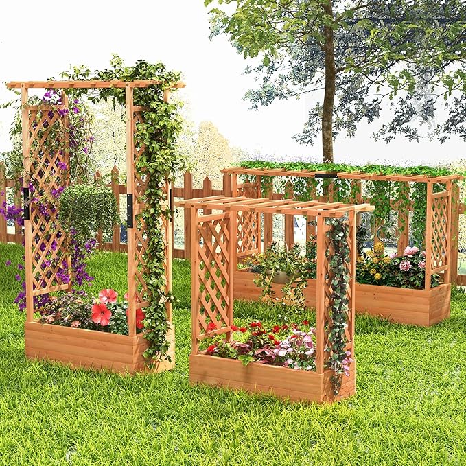 S AFSTAR 45-Inch Raised Garden Bed with Arch Trellis, Hanging Roof, Planter Box, Drainage Holes, Vertical Plant Container for Vine Climbing Plant Flower, Standing Wood Planter for Garden Patio Yard