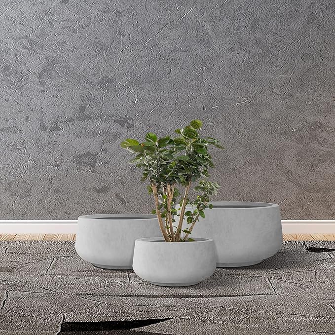 Kante 21.6",16.9",and 12.5" Dia Round Natural Concrete Elegant Planters (Set of 3), Outdoor Indoor Garden Plant Pot with Drainage Hole and Rubber Plug for Home & Patio