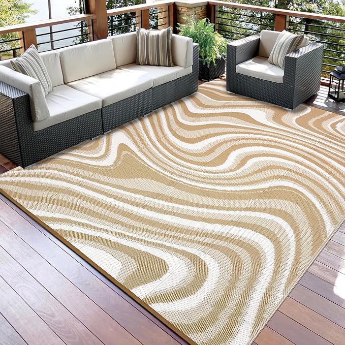 Outdoor Rug 8x10 Waterproof Patio Rugs Modern Abstarct Reversible Mat for Front Door Rv Foldable Plastic Straw Carpet for Travel Trailers, Deck, Camper, Balcony, Beach，Brown/Coffee/White