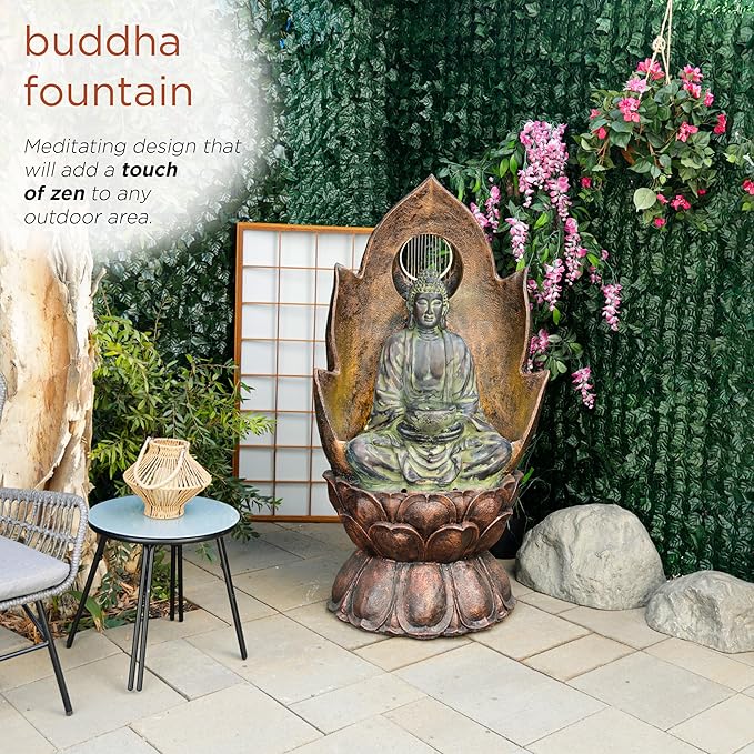 Alpine Corporation 59" Tall Outdoor Buddha Fountain with LED Lights, Elegant Water Feature for Garden, Patio, Yard & Outdoor Spaces, Realistic Stone Look, Calming Waterfall for Relaxation, Brown