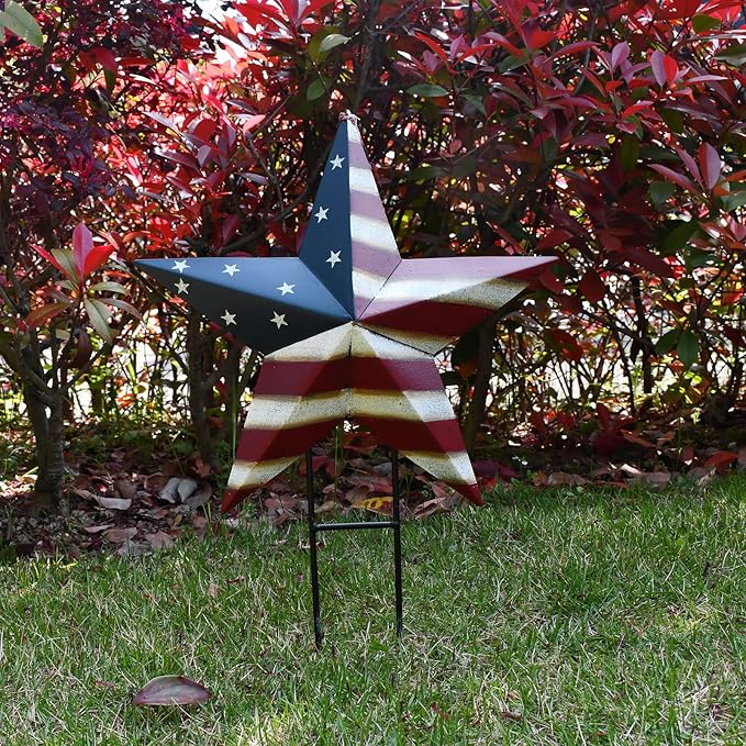 Metal Star Yard Sign with Stake American Decor, 4th of July Patriotic Barn Star Garden Stake Hanging Ornament Wall Decor Veterans Day Memorial Day Outdoor Lawn Decorations