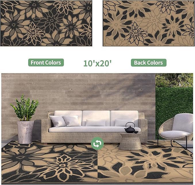 GENIMO Outdoor Rug Waterproof for Patio Decor, 10' x 20' Reversible Plastic Straw Floral Camping Carpet, Large Area Rugs Mats for RV, Camper, Deck, Balcony, Porch, Beach, Picnic, Black & Brown
