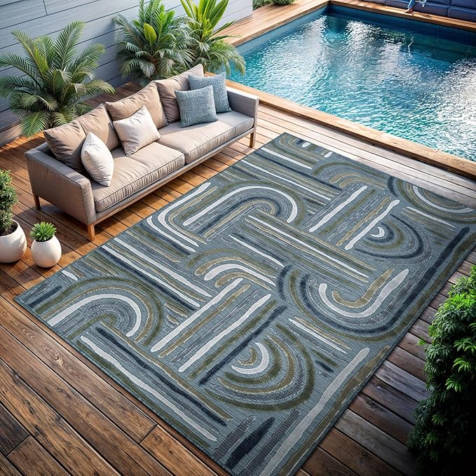 CAMILSON Indoor Outdoor Rug, Aqua 9x12 Geometric Arch Striped Large Area Rugs for Patio and Home Areas, Easy-Cleaning Non-Shedding Living Room, Garden and Deck Washable Outside Carpet (9 x 12)