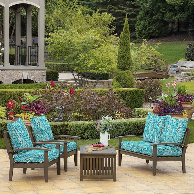 Arden Outdoor Foam Deep Seat Cushion Set, 24 in x 24 in, Weather-Proof, Rain-Proof, Fade Resistant Patio Cushion, Bottom and Back Cushion for Chair, Sofa, and Couch Teal Ariel