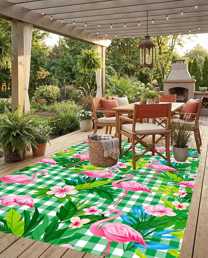 Waterproof Outdoor Patio Rug 3x5 Tropical Flamingo Monstera Flower Print Checkerboard Outside Carpet for Porch Deck Balcony Poolside Garden RV Camping Pink Green Easy Clean Durable Mat