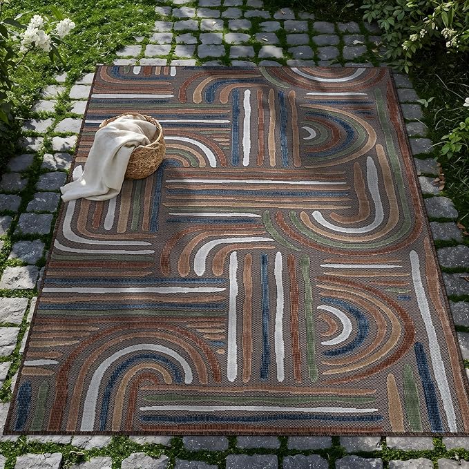 CAMILSON Indoor Outdoor Rug, Brown 8x10 Geometric Arch Striped Area Rugs for Patio and Home Areas, Easy-Cleaning Non-Shedding Living Room, Garden and Deck Washable Outside Carpet (8 x 10)