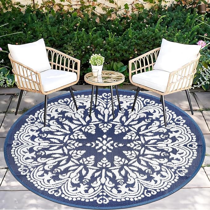 Homcomoda Round Outdoor Rugs for Patio 5Ft Waterproof Patio Rugs Clearance Plastic Lightweight RV Camping Mat Circle Outdoor Area Rug for Porch Camper Deck Beach Balcony Backyard