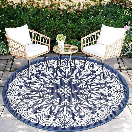 Homcomoda Round Outdoor Rugs for Patio 5Ft Waterproof Patio Rugs Clearance Plastic Lightweight RV Camping Mat Circle Outdoor Area Rug for Porch Camper Deck Beach Balcony Backyard