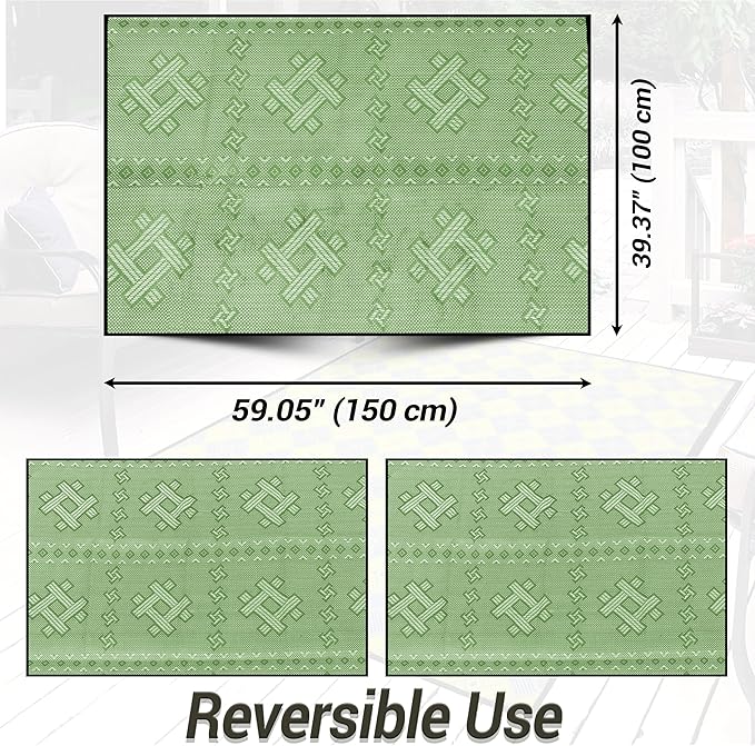 ARSUK Outdoor Patio Rug (5 x 3.3 ft) - Indoor and Plastic Outdoor Rug, Ideal for Garden, Camping, Balcony Carpet, Picnic, Backyard, Lightweight, Foldable, Recycled Plastic (Green Color)