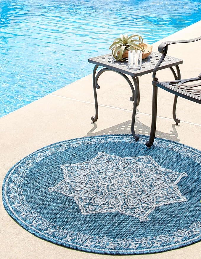 Unique Loom Outdoor Traditional Collection Area Rug - Antique (10' Round Teal/Ivory)